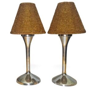Silver Pedestal Tea Light Candle Holders with Amber Gold Beaded Shades Set of 2